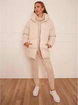Chi Chi London Padded Coat with Hood - Cream, Size 10, Women