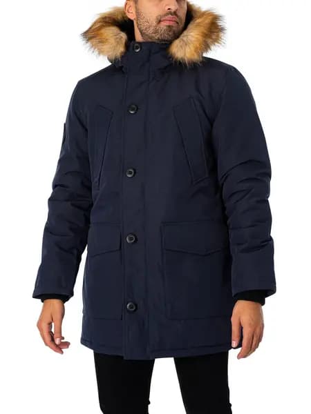 Superdry Everest Faux Fur Hooded Parka Jacket Nordic Chrome Navy M