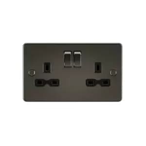Flat plate 13A 2G dp switched socket - gunmetal with Black insert - Knightsbridge
