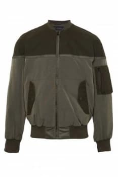 Mens French Connection Patchwork Carbon Wax Coating Bomber Jacket Forest Green