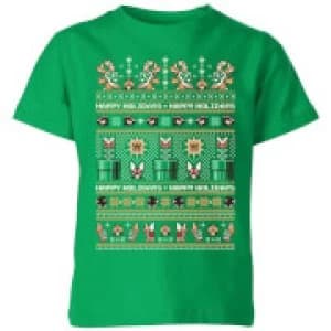 Nintendo Super Mario Happy Holidays The Bad Guys Kid's Christmas T-Shirt - Kelly Green - 11-12 Years
