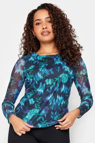 M&Co Floral Mesh Sleeve Top Blue