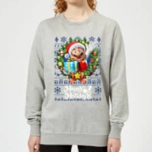 Nintendo Super Mario Happy Holidays Mario Womens Christmas Sweatshirt - Grey - 3XL