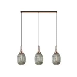 Yorktown Linear 3 Light Ceiling Pendant E27 With 20cm Almond Ribbed Glass, Smoked Copper, Matt Black