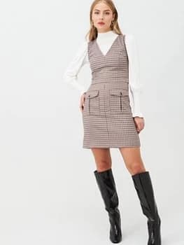 Oasis Microcheck Pinafore Dress - Check, Dark Brown, Size 10, Women