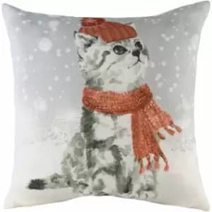 Evans Lichfield - Christmas Snowy Cat with Scarf Watercolour Print Cushion Cover, Multi, 43 x 43 Cm