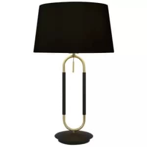 Searchlight Jazz 1 Light Table Lamp, Satin Brass And Black Velvet Shade Pull Switch