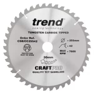 Trend CRAFTPRO Wood Cutting Mitre Saw Blade 255mm 42T 30mm