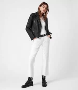 AllSaints Womens Leather Regular Fit Cargo Biker Jacket, Black and Grey, Size: 12