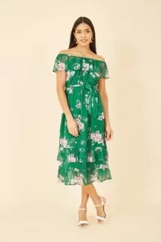 Green Floral Bardot Midi Dress With Frill Hem