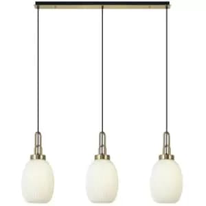 Luminosa Yorktown Linear 3 Light Ceiling Pendant E27 With 20cm Almond Ribbed Glass, Opal Brass Gold, Matt Black