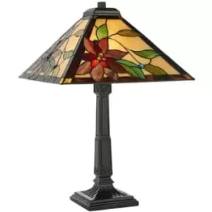 Tiffany Glass Table Lamp Light Dark Bronze & Red Flower Square Shade i00214