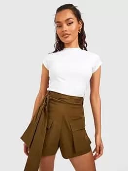 Boohoo Tie Waist Cargo Pocket Short - Khaki, Green, Size 10, Women