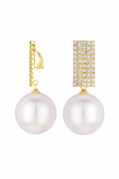 Gold Plated Pave And Pearl Drop Clip Earrings