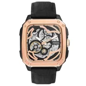 Fossil Men Inscription Automatic Black Leather Watch