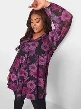 Yours Yours Long Sleeve Pleat Swing Top Mesh Sleeve Aop Stencil, Black, Size 14, Women