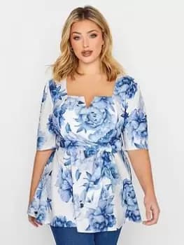 Yours Floral Notch Neck Peplum Top, White, Size 16, Women