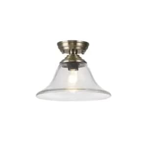 Dresden Flush Ceiling Lamp E27 With Smooth Bell 30cm Glass Shade Antique Brass, Clear