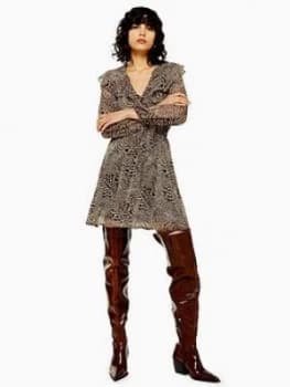 Topshop Tall Heart Animal Print Ruffle Mini Dress - Tan