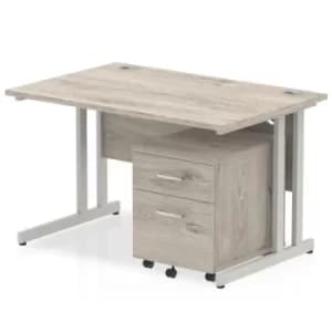 Impulse 1400 Straight Cantilever Silver Workstation With Two Drawer Mobile Pedestal Bundle Grey Oak