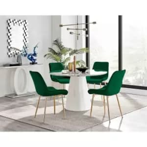 Furniture Box Palma White Marble Effect Round Dining Table and 4 Green Pesaro Gold Leg Chairs