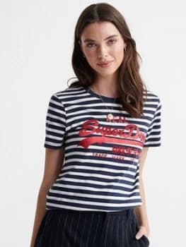 Superdry Vintage Logo Satin Stripe T-Shirt, Navy, Size 6, Women