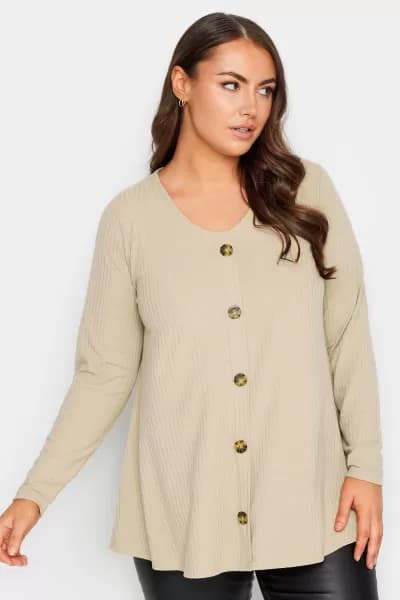 Yours Ribbed Button Front Top Light Beige