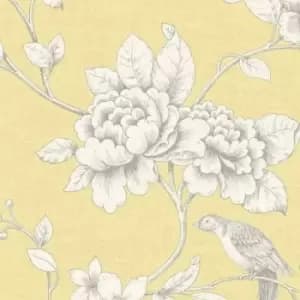 Ellis Yellow Wallpaper Floral Birds Linen Effect Metallic - Grandeco