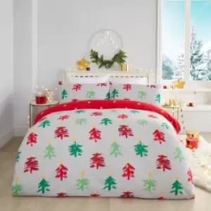 Christmas Festive Trees 100% Brushed Cotton Reversible Duvet Cover Set, Grey, Double - Fusion