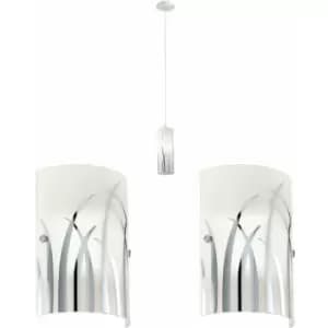 Ceiling Pendant Light & 2x Matching Wall Lights Chrome White Patern Glass Shade