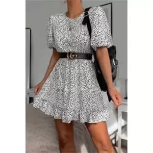 I Saw It First White Woven Polka Dot Puff Sleeve Frill Hem Midi Dress - White