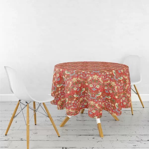 William Morris Red Strawberry Thief Fabric Circle Tablecloth