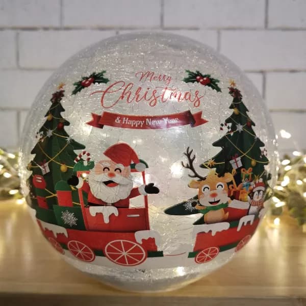 15cm Battery Operated Twinkling Warm White LED Crackle Effect Ball Christmas Decoration with Santa and Friends in Train