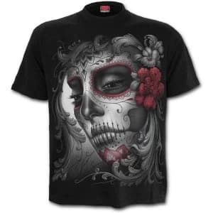 Skull Roses Mens Large Front Print T-Shirt - Black