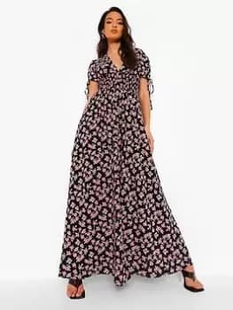 Boohoo Ditsy Print Shirred Waist Maxi Dress - Black, Size 12, Women