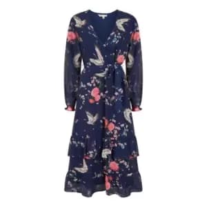 Yumi Navy Crane Print Wrap Midi Dress - Blue