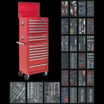 Sealey Superline Pro 14 Drawer Roller Cabinet, Mid and Top Tool Chests + 1179 Piece Tool Kit Red