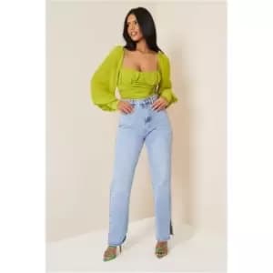 I Saw It First Lime Green Ruched Front Puff Sleeve Bodysuit - Green
