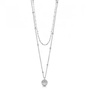 GUESS rhodium plated 16-20" double necklace with bead details and logo coin pendant with Swarovski crystals.