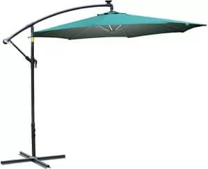 Outsunny 3m LED Patio Banana Umbrella Cantilever Parasol w/ Crank Cross Base Hanging Offset Umbrella Frame Steel Aluminium Garden Table Outdoor Green