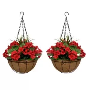 Greenbrokers Artificial Red Geranium Round Coir Hanging Basket (set Of 2)