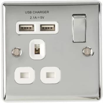 BG Nexus Metal Polished Chrome Single 1 Gang Plug Socket with 2 x USB Outlet White Insert 13A - NPC21U2W