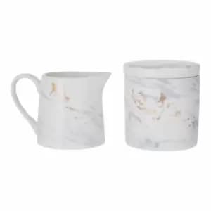 Premier Housewares Sugar Pot and Creamer, Marble Effect, Gold Finish Detail
