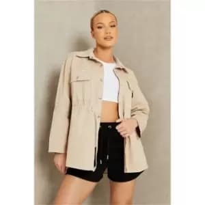 I Saw It First Stone Belted Utlity Shacket With Turn Up Cuff - Brown