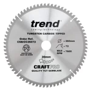 Trend CRAFTPRO Wood Cutting Mitre Saw Blade 260mm 72T 30mm