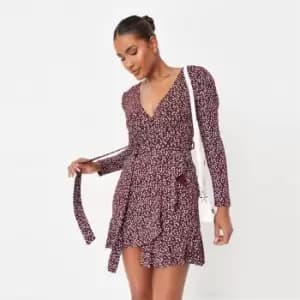 Missguided Puff Sleeve Wrap Ls Mini Dress Floral - Red