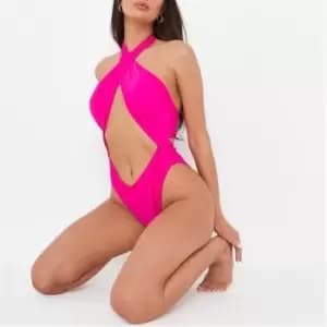 Missguided Cross Over Halterneck Swimsuit - Pink