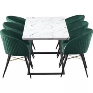 7 Pieces Life Interiors Vittorio Toga Dining Set - an Extendable White Rectangular Wooden Dining Table and Set of 6 Green Dining Chairs - Green