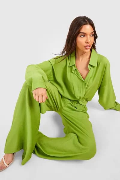 boohoo Crinkle Knot Front Cropped Shirt Chartreuse