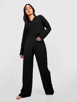 Boohoo Textured Wide Leg Trouser - Black, Size 12, Women